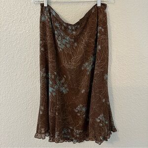 Vintage Floral Print Brown Ruffle Detail Women’s Midi Maxi Skirt